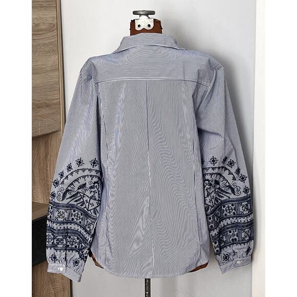 Soft Surroundings Sz L Embroidered Top Blue Striped Cruise Coastal Boho Casual - Picture 3 of 15